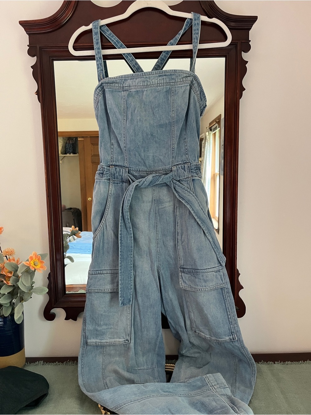 Free People Light Blue Denim Utility Jumpsuit with Waist Tie